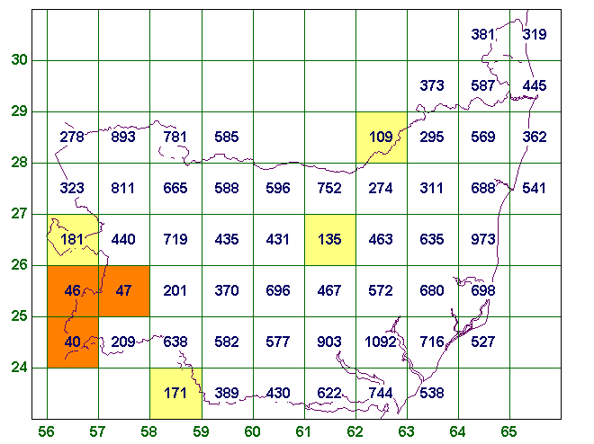 Counts per ten km of all species by 2005