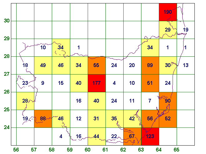 Counts of new species in 2004 per ten km square